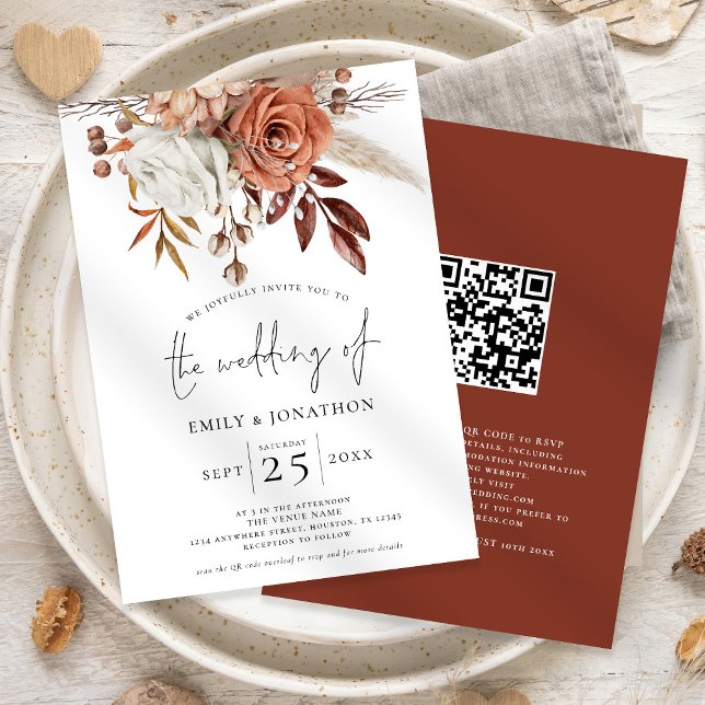 Rustikale Terrakotta-Florals QR-Code-Hochzeit Einladung (Front and back view)