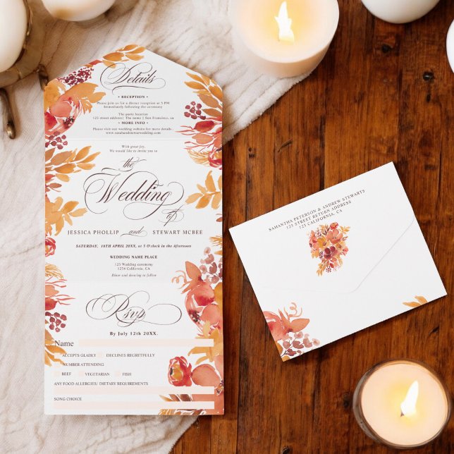 Rustikale Terrakotta Herbstkalligraphie Hochzeit All In One Einladung (Rustic terracotta fall floral calligraphy wedding all in one invitation)