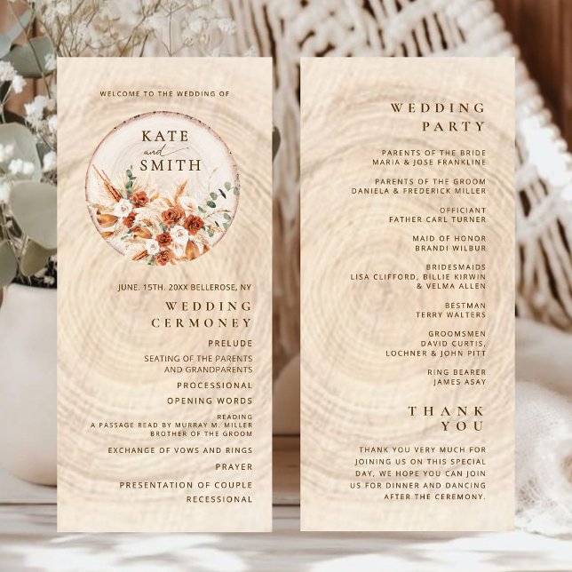 Rustikale Terrakotta-Hochzeitsprogramm mit Holzsch (Von Creator hochgeladen)