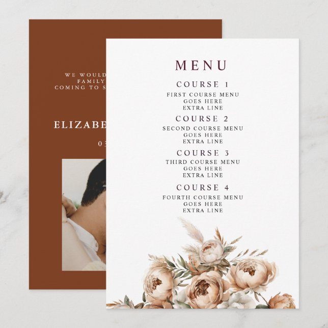 Rustikale Terrakotta-Pampas-Boho-Blumen-Herbsthoch Menükarte (Vorne/Hinten)