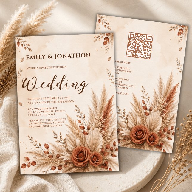 Rustikale Terrakotta-Pampasgras-Boho-Hochzeit Einladung (Von Creator hochgeladen)
