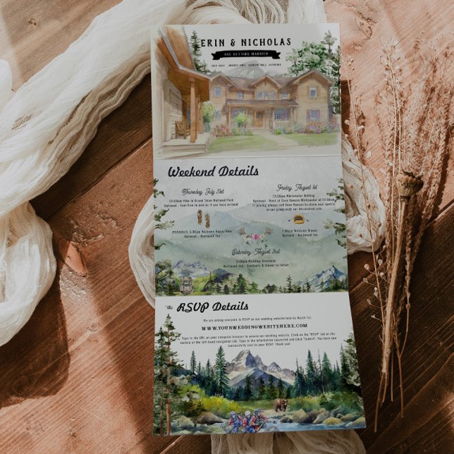 Rustikale Tetongebirge | Illustrierte Hochzeit Dreifach Gefaltete Einladung (Von Creator hochgeladen)