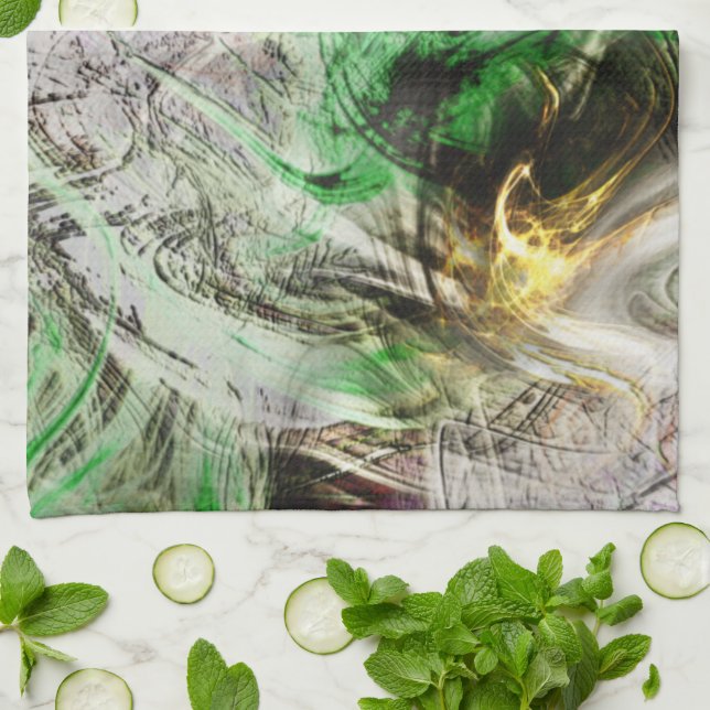 Rustikale Textur unter schwimmender grüner und gel Geschirrtuch (Gefaltet)