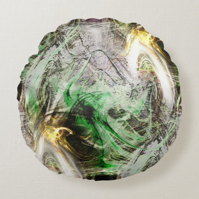 Rustikale Textur unter schwimmender grüner und gel Rundes Kissen (Vorderseite)