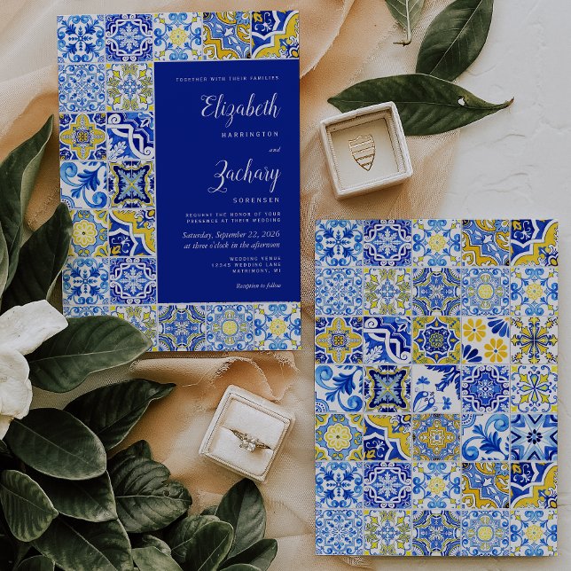 Rustikale Tile Blue Yellow White Wedding Einladung (Von Creator hochgeladen)