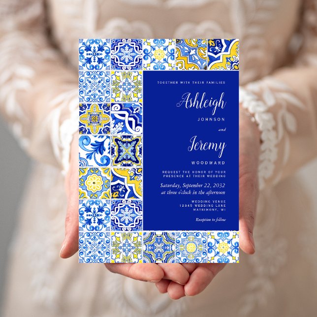Rustikale Tile Blue Yellow White Wedding Einladung (Von Creator hochgeladen)