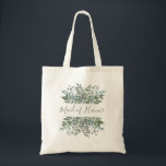 Rustikale Trauzeugin Tragetasche<br><div class="desc">Dieser rustikale Totensack mit den Worten "Trauzeugin" in moderner,  schlängelgrüner Handschrift,  oben und unten gerahmt von Aquarellblättern und Beeren in dezenten Grün-,  Grau- und Blautönen.</div>