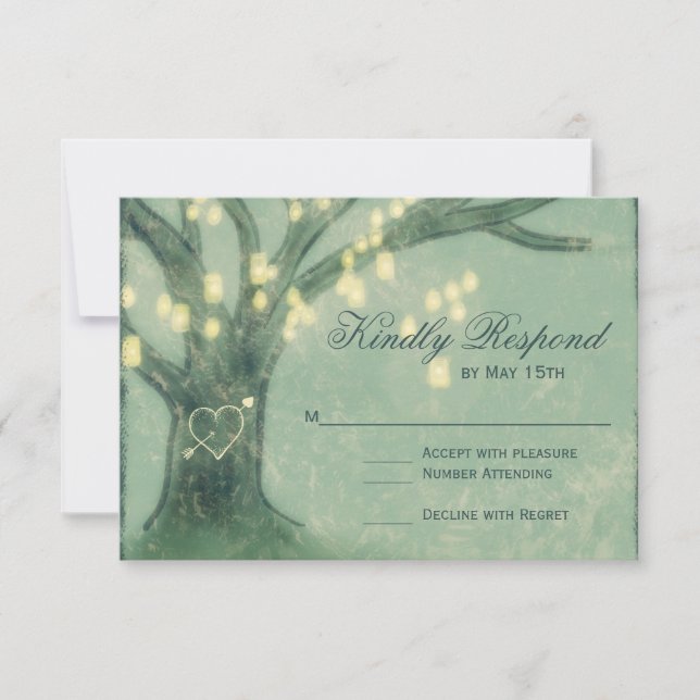 Rustikale Tree Mason Jar Lights Wedding RSVP Card Karte (Vorderseite)