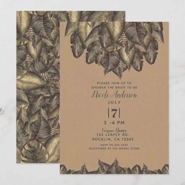 Rustikale tropische Blätter Vintages Brautparty Einladung (Vorne/Hinten)