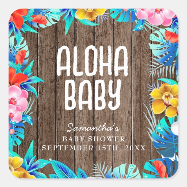Rustikale tropische Palme Blätter Aloha Babydusche Quadratischer Aufkleber (Vorderseite)