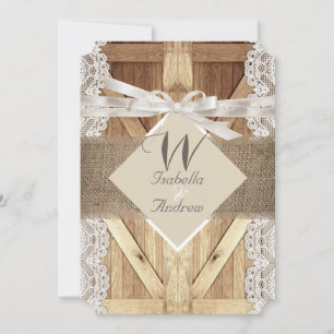 Rustikale Tür Hochzeit Beige Weiße Spitze Holz Jut Einladung
