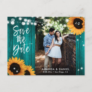 Rustikale Türkis-Sonnenblumen-Hochzeit Foto Save T Ankündigungspostkarte