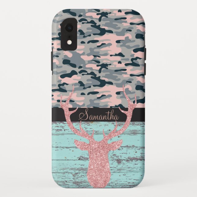 Rustikale türkisfarbene Holzrosa Antler-Camouflage Case-Mate iPhone Hülle (Rückseite)