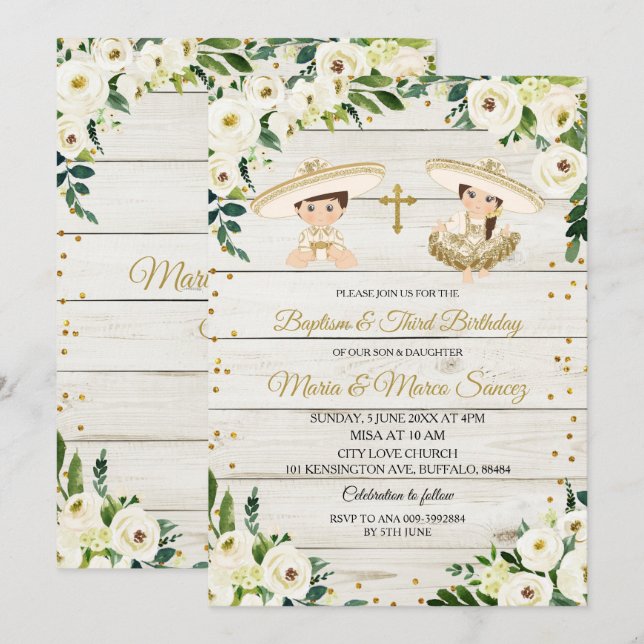 Rustikale Twin mexikanische Taufe & Dritter Geburt Einladung (Vorne/Hinten)