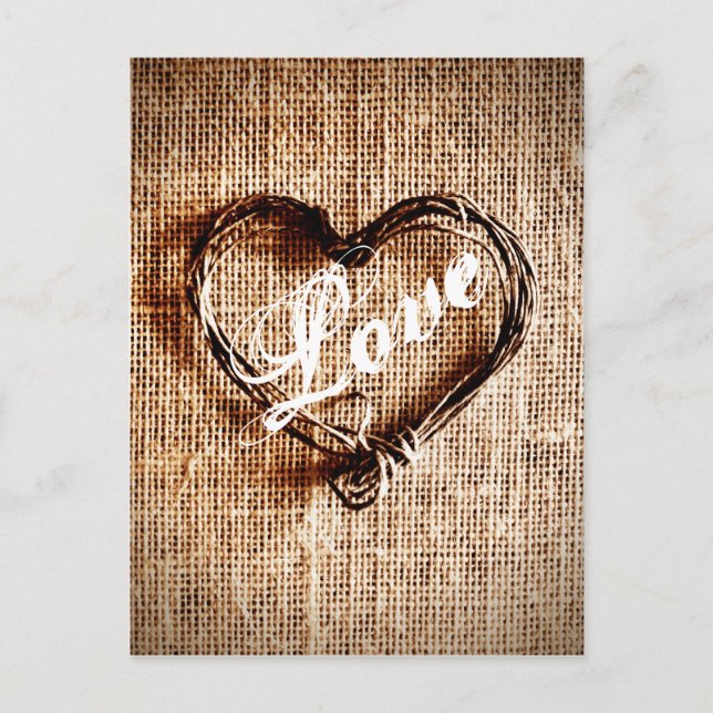 Rustikale Twine Heart Burlap Print LIEBE Postcard Postkarte (Vorderseite)