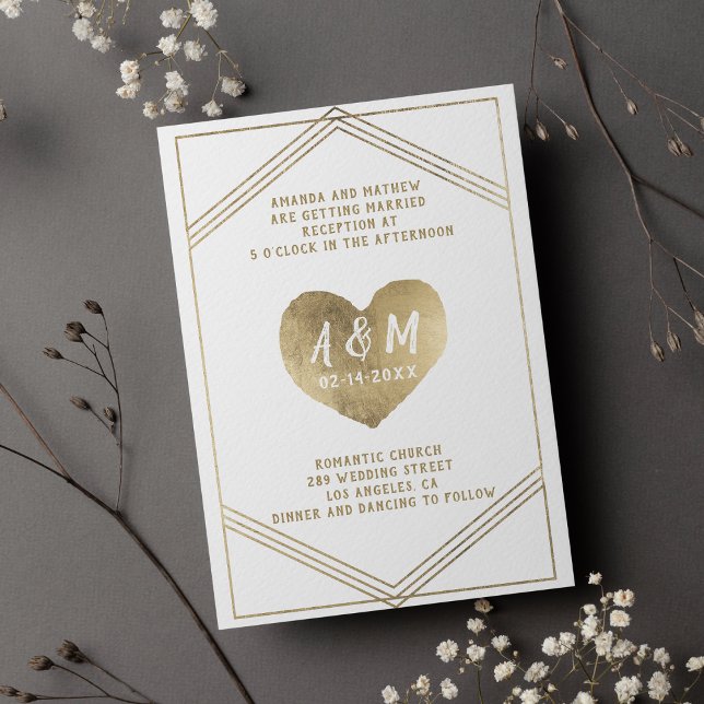Rustikale Typografie, geometrische Hochzeit des Go Einladung (Rustic typography gold heart geometrical wedding )