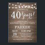 Rustikale Überraschung 40. Geburtstag Einladung Ho<br><div class="desc">Rustikale Überraschung 40. Geburtstag Einladung Holz Hintergrund mit String Lights. 13. 15. 16. 18. 20. 21. 30. 40. 50. 60. 70. 80. 90. 100. Jedes Alter. Erwachsener zum Geburtstag. Geburtstagsparty von Frauen oder Männern. Für weitere Anpassungen klicken Sie bitte auf die Schaltfläche "Anpassen" und verwenden Sie unser Designwerkzeug, um diese...</div>