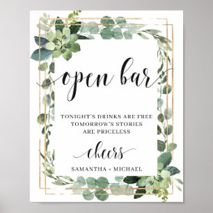 Rustikale üppige Grünpflanzen-Open-Bar-Beschilderu Poster