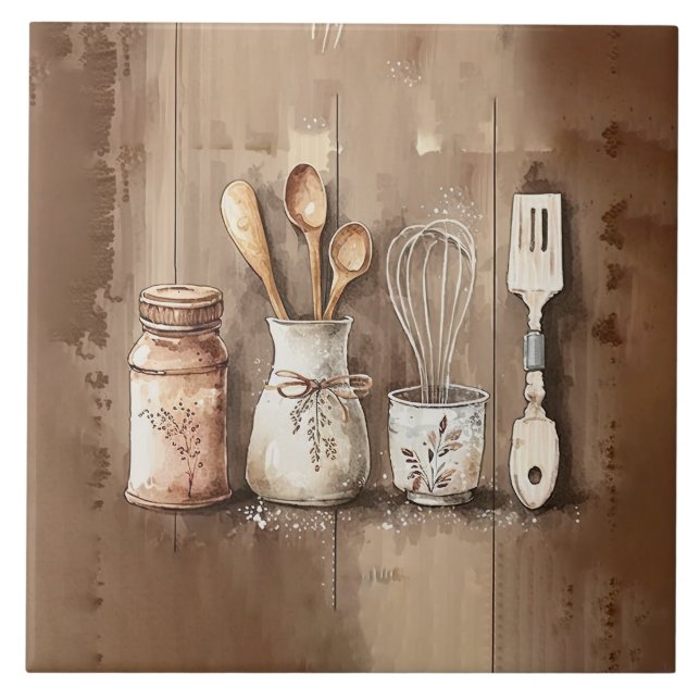 Rustikale Utensitäten Aquarellfarben Imitate Holz  Fliese (Vorderseite)