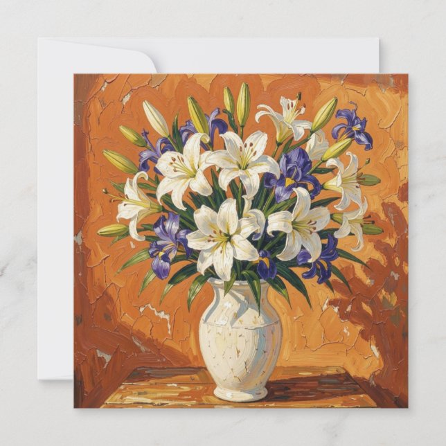 Rustikale Vase mit Lilien und Iris-Blumen Karte (Vorderseite)