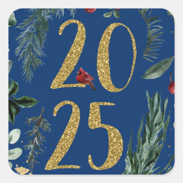 Rustikale Vegetation 2025 Blue New Years Holiday Quadratischer Aufkleber (Vorderseite)