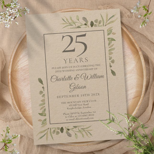 Rustikale Vegetation 25. Hochzeitstag Einladung (Rustic Greenery 25th Silver Wedding Anniversary Invitation)