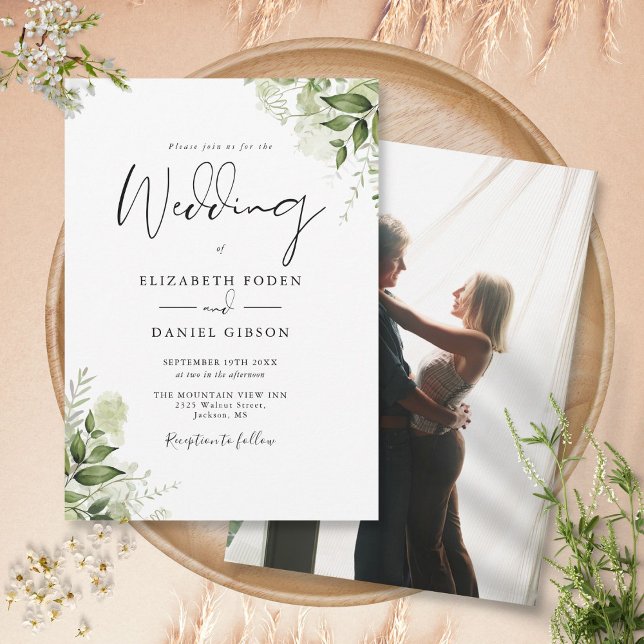 Rustikale Vegetation Blätter Elegantes Foto Hochze Einladung (Rustic Greenery Leaves Elegant Photo Wedding Invitation)