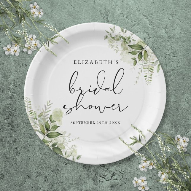 Rustikale Vegetation Elegantes Script-Brautparty Pappteller (Rustic Greenery Elegant Script Bridal Shower Paper Plates)