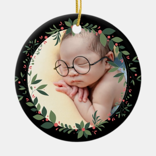 Rustikale Vegetation Erstes Jahr Weihnachten Keramik Ornament (Vorne)