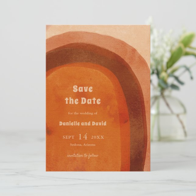 Rustikale verbrannte Orangebogen moderne Hochzeit Save The Date (Stehend Vorderseite)