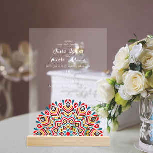 Rustikale verbrannte Terrakotta-Mandala-Hochzeit Acryleinladungen