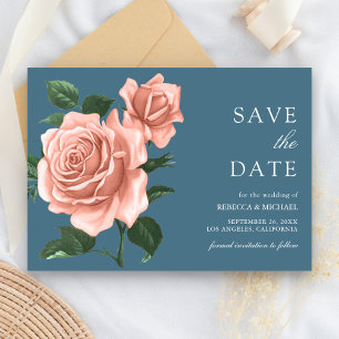 Rustikale verstaubte blaue Pfirsichrosen Hochzeit Save The Date