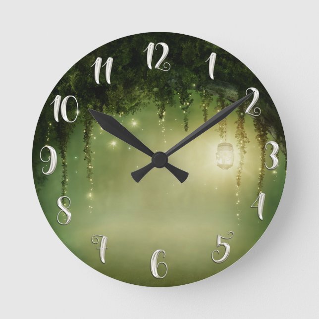 Rustikale verzauberte grüne Wald-u. Glas-Lichter Runde Wanduhr (Vorderseite)