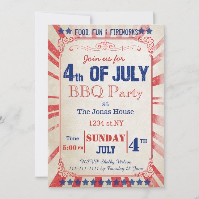Rustikale Vintag 4. Juli Feier Einladung (Vorderseite)