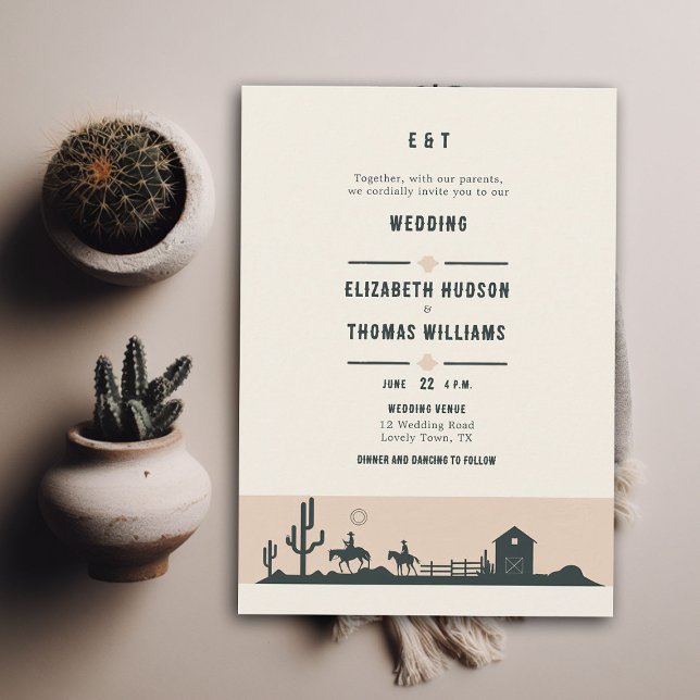 Rustikale Vintag Cowboy Wedding Barn Cactus Desert Einladung (rustic vintage cowboy wedding invitation horse riding cactus desert illustration barn backyard chic)