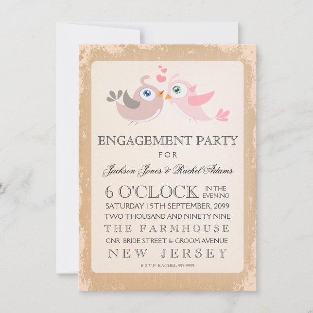 Rustikale Vintag Love Birds Engagement Party einla Einladung (Vorderseite)