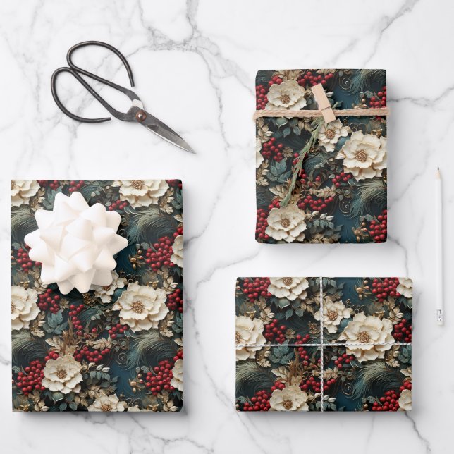 Rustikale Vintag Retro-3D Weihnachtspoinsettie Geschenkpapier Set (Vorderseite)