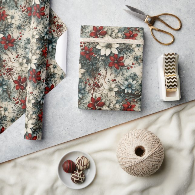 Rustikale Vintag Retro-Klassik Weihnachtspoinsetti Geschenkpapier (Basteln)