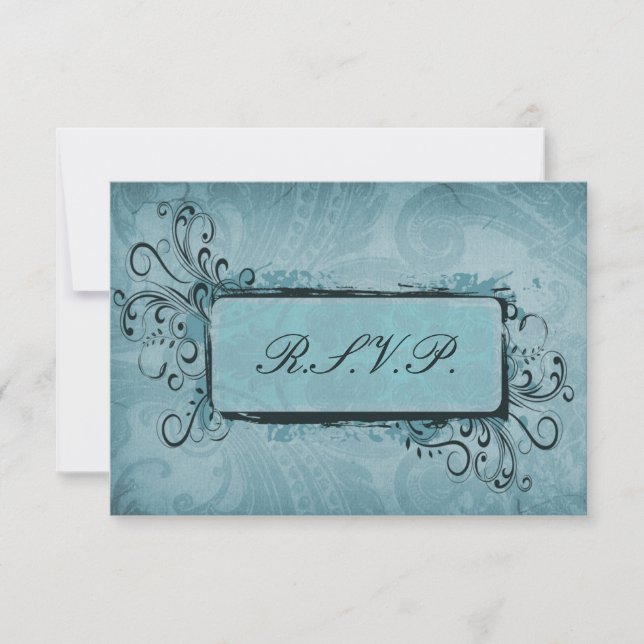 Rustikale Vintage Aqua Blue Wedding RSVP Karte (Vorderseite)