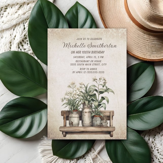 Rustikale Vintage Bauernhäuser Pflanze 100. Geburt Einladung (Vintage potted plants 100th birthday party invitation)