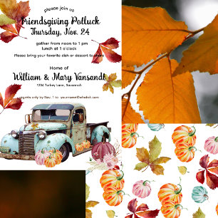 Rustikale Vintage-Blau-Lastwagen-Friendsgiving-Pot Einladung