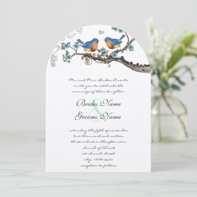 Rustikale Vintage Bluebirds Hochzeitseinladungen Einladung (Stehend Vorderseite)