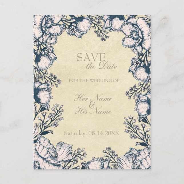 Rustikale Vintage Blume Blumenhochzeit retten Datu Ankündigungspostkarte (Vorderseite)