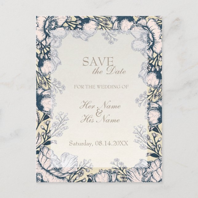 Rustikale Vintage Blume Blumenhochzeit retten Datu Ankündigungspostkarte (Vorderseite)