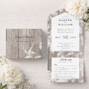Rustikale Vintage-Blumen auf verwitterten Holzbret All In One Einladung