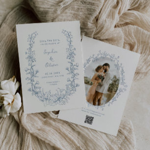 Rustikale Vintage-Blumen-Linienkunst-Hochzeit Save The Date