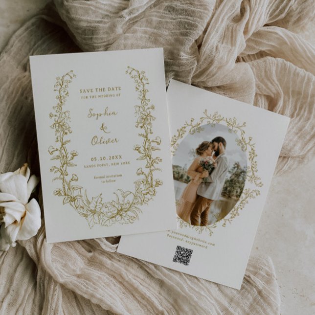 Rustikale Vintage-Blumen-Linienkunst-Hochzeit Save The Date (Von Creator hochgeladen)