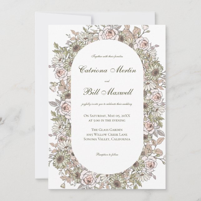 Rustikale Vintage Botanische Hochzeit Einladung (Vorderseite)