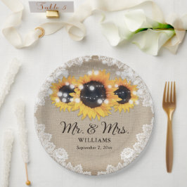 Rustikale Vintage Burlap Lace Sonnenblume Hochzeit Pappteller
