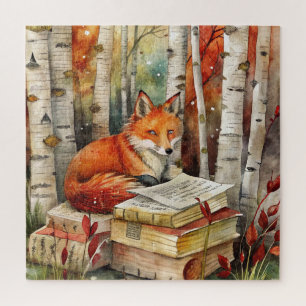 Rustikale Vintage-Fuchs-Bücher-Wald-Herbst-Altweib Puzzle